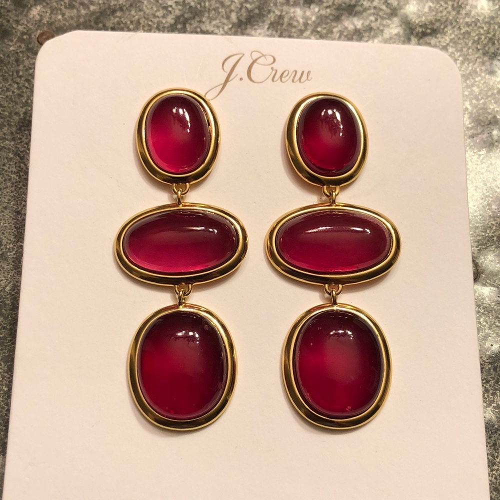 J. Crew Gold-Tone Triple Drop Earrings with Deep Pink Cabochons